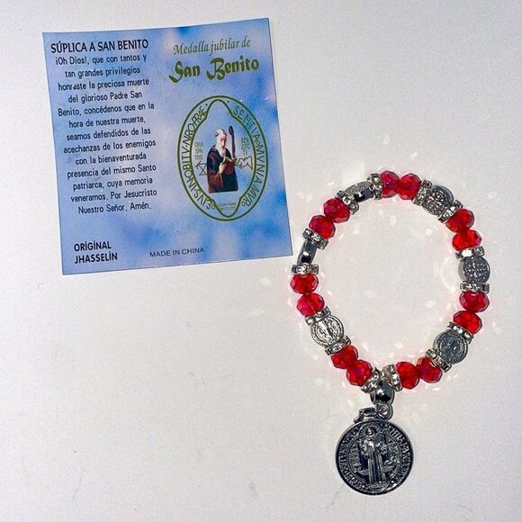 St. Benedict Red Crystal Silver Beaded Stretchy Bracelet - Picture 3 of 7